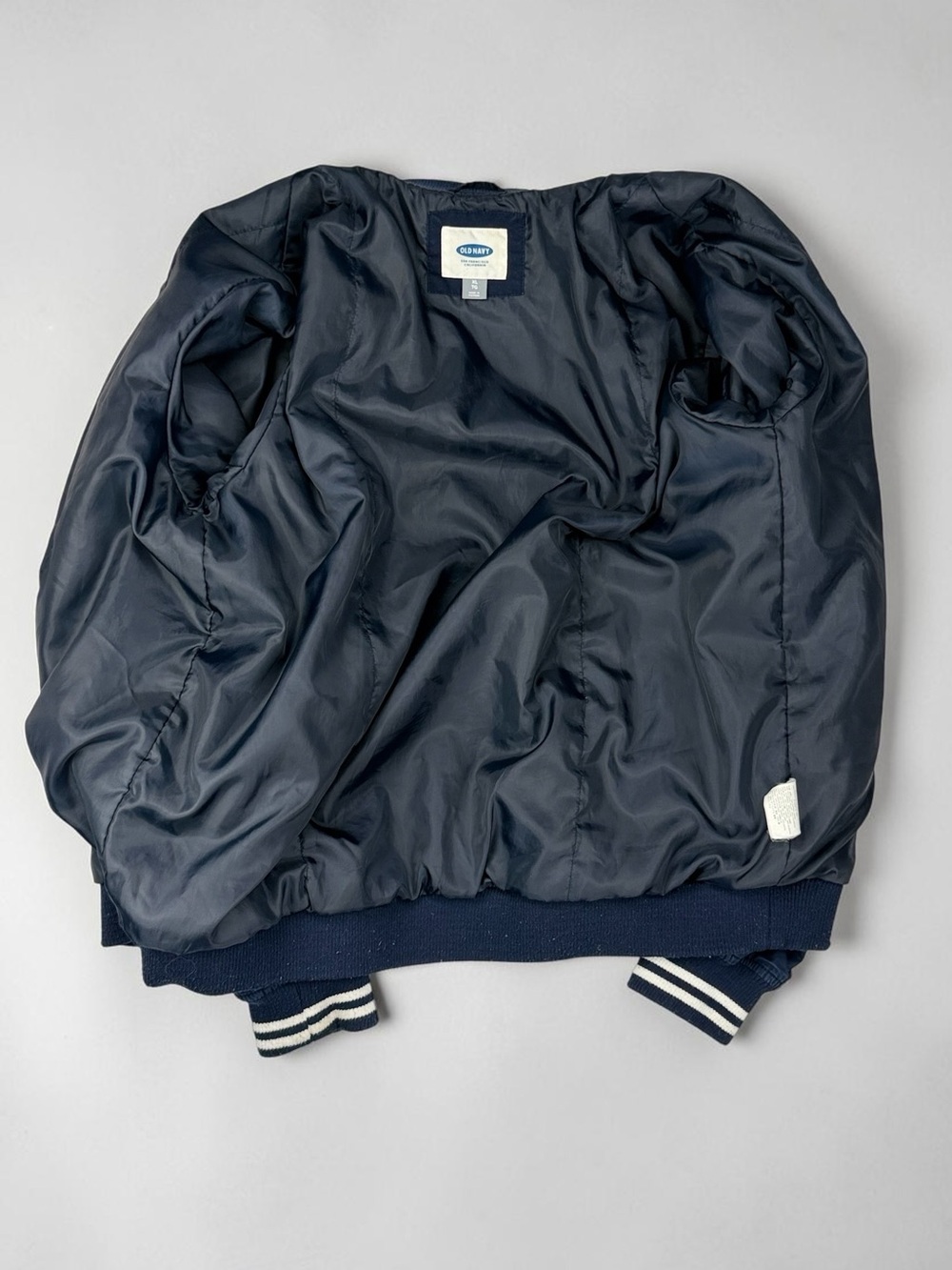 Old Navy Men’s XL Navy Cotton Varsity Bomber Jacket Striped Rib Trim Snap Front - Picture 8 of 17